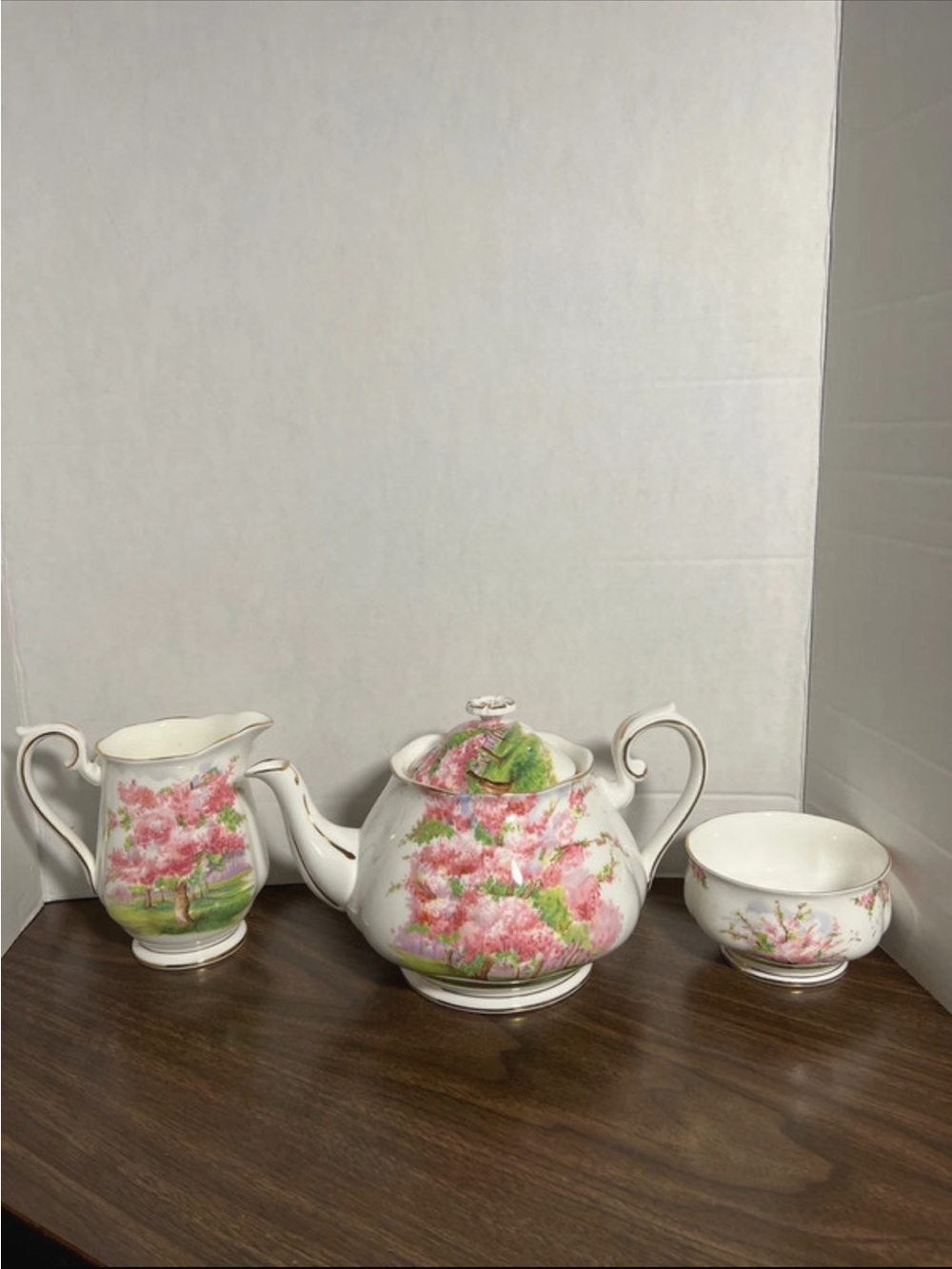 Royal Albert Porcelain Pink Blossom Teapot Set - Creamer & Sugar Bowl